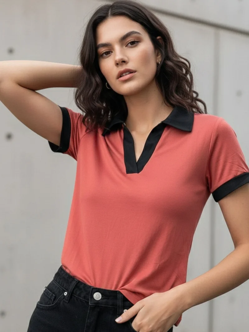OUTZIDR  Rust Contrast Binding Knit Top for Women | Best Price UAE